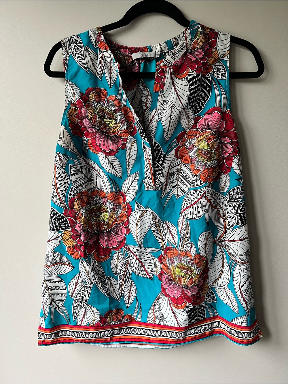 Dalia Turquoise Floral Sleeveless Camisole blouse with Multicolor Blooms Medium